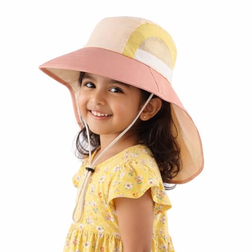 Image of SNOWIE SOFT Wide Brim Sun Hat for Kids Girls with Neck Flap Shawl, UPF 50+ Adjustable Chin Strap Sun Protection Hat for Girls 2-10 Years Old, Summer Breathable Sun Visor Hat Windproof Beach Hat