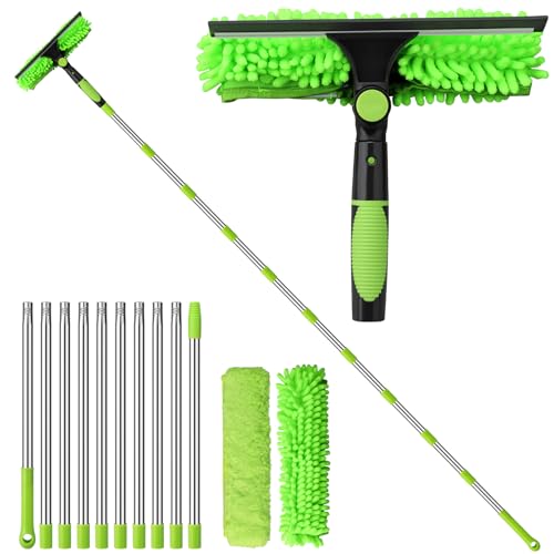 4.5M Window Squeegee Cleaning Tool Kit, 2 in 1 Long Extendable Pole Cleaning Brush with Silicone Squeegee and Microfiber Cloth for High Window, Wall, Car