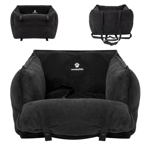 Wanderpfote Autositz Hund – Stilvoller Hunde Autositz in höchster Qualität und Sicherheit – Hundesitz Auto Rückbank oder Vorne Hundeautositz (Schwarz, M)