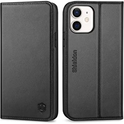 SHIELDON Genuine Leather Wallet Case for iPhone 12/12 Pro 6.1" 2020, Black