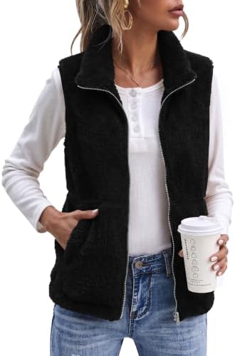 Rapbin Teddy Fleece Weste Damen Ärmellos Stehkragen Reißverschluss Taschen | Leicht Fleecejacke Damen Lässige Elegant Herbst Winter Warm Mantel