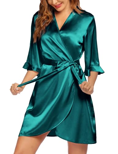 Image of Ekouaer Women's Satin Robe Valentines Lingerie for Women Kimono Bathrobe Short Ruffle Belted Robes Bridesmaids Sleepwear