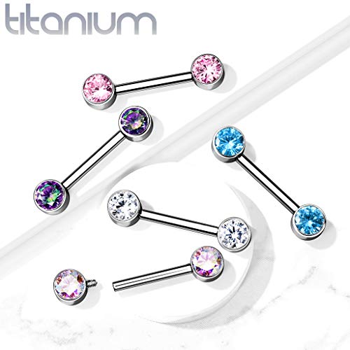 Dynamique Implant Grade Titanium Nipple Barbells With Cz Bezel Set Internally Threaded Ends (Sold Per Pair Or Per Piece) #TOP5