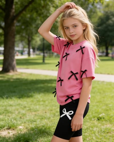 Image of Kids Girl Clothes Heart Print Short Sleeve Top and Shorts Cute Girl Summer Outfits Short Set