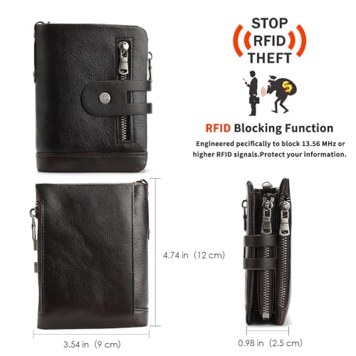 men's buckle, double zipper, leather wallet, detachable card, large capacity, multifunctional coin pocket (Coffee)2