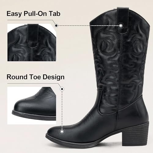 Vepose Women's Cowboy Boots Western Cowgirl Round Toe Mid Calf Boots,Black,Size 9M US(CJY9801 Black 09) — view 4