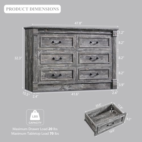 Image of Aitjunz Farmhouse 6 Drawer Dressers for Bedroom, 47'' Wide Dresser & Chests of Drawers w /Roman Columns, Horizontal Wooden TV Stand Dresser w /Metal Handle for Bedroom, Hallway, Living Room, Light Grey