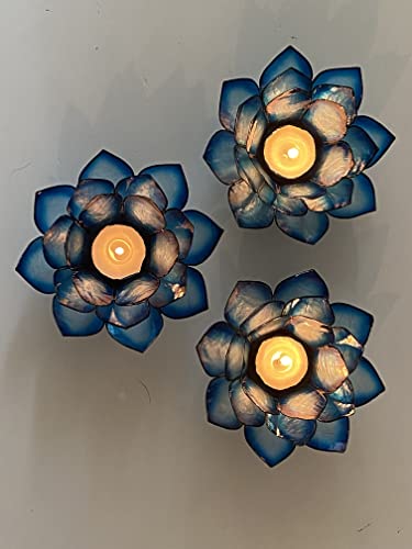 Om Gallery Capiz Shell Lotus Flower Decor Tealight Candle Holder for Serene Ambiance - Handmade Decorative Candle Holders for Meditation, Yoga, and Relaxation, Blue Lagoon