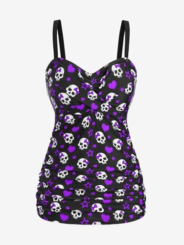 ROSE GAL Rosegal Plus Size Women 2 Piece Swimsuit Skull Heart Print Ruched Tummy Control Tankini Swimwear2