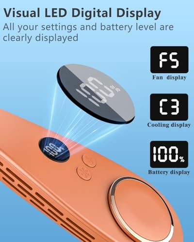Image of Neck Air Conditioner with Metal Cooling Plate, 5500mAh Batteries & LED Display, Silent Wearable Personal AC Unit, Bladeless Headphone Fan for Hot Flash Relief for Women Men Adults Outside, Orange