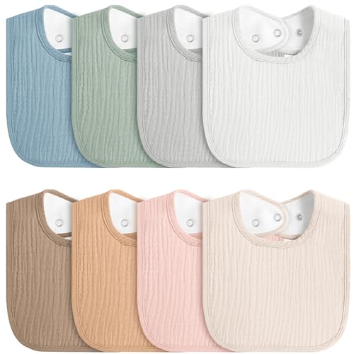 Image of MairMore 8-Pack Baby Muslin Bibs, Soft Cotton Drool Bibs for Boys Girls, Adjustable and Absorbent Newborn Bib Set for Feeding and Drooling