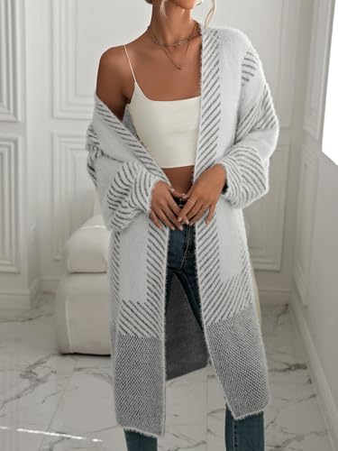 Image of chouyatou Women's Color Block Striped Fuzzy Long Cardigan Sweaters Open Front Diagonal Stripe Knit Cardigan Jacket Coat