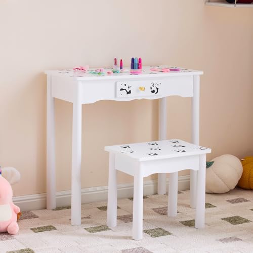 Image of Vanity Set,ShyneeMakeup Dressing Vanity Set Wooden Princess Makeup Table with Cushioned Stool,Drawer,Wooden Legs and Mirror, Make Up Dressing Play Set for Girls (Black and White Panda)