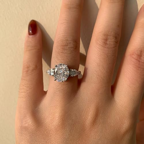 3ct Oval Engagement Rings for Women 925 Sterling Silver Crushed Ice Cut Cubic Zirconia Oval 3 Stone Engagement Promise Wedding Rings for Women Size 5-102