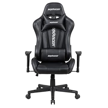 MAX RACER - Cadeira Gamer Skilled - Poltronas Gamer de Aço, Cadeira Ergonômica para Jogos - Até 150kg, Giratória, Braços 1D, Tecido Sintético PVC, Inclinação 180°, Almofada Cervical e Lombar - Preta