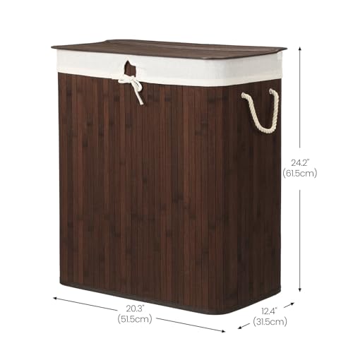 SONGMICS - Laundry Basket with Lid - Bamboo Laundry Basket with 2 Sorting Compartments, Removable Bag, Cotton Handles - Volume 100L, for Laundry Room, Bedroom - Brown - LCB72Z