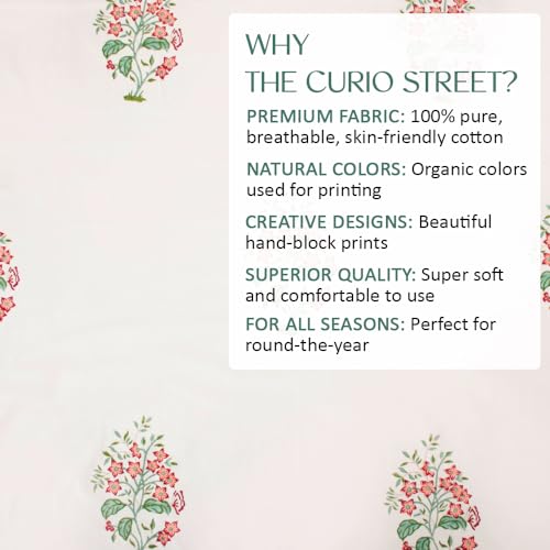 Image of Premium Bedsheet with 2 Pillow Covers I Hand Block I Pure & Soft Percale Cotton I 300 TC I 90x108 inches (King Size Double Bed Bedcover) I Floral Pattern I Peach & Green