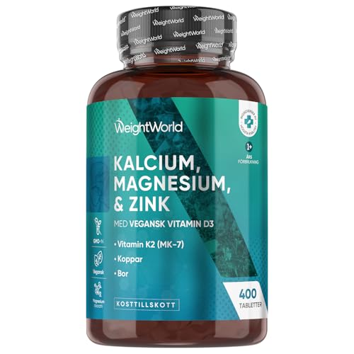 Kalcium Magnesium Zink - 400 tabletter 1+ år - Magnesium, Vitamin D3 K2, Bor, Selen, Koppar - 500 mg Kalcium - 1 vegansk tablett per dag - Glutenfri - Alternativ till elektrolytkapseler - WeightWorld