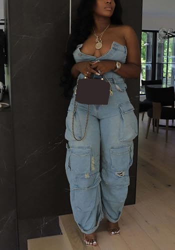 Lkous LUSX_NM876-BLUE-M Casual Cargo Denim Jumpsuit For Women, Elastic Stretch Multi Pockets Button Down Straight Leg Jeans Jumpsuits thumb #4