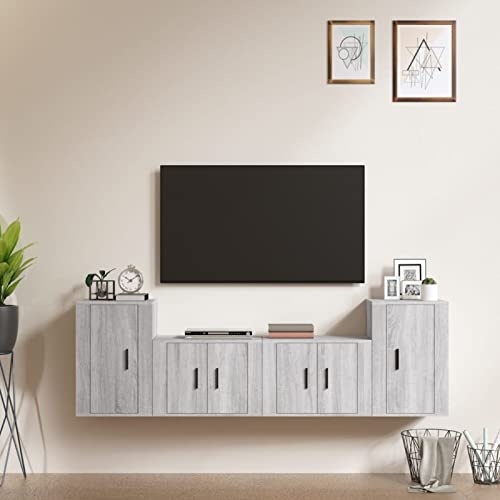 Homgoday Ensemble de meubles pour TV 4 pièces en contreplaqué gris Sonoma, meuble pour TV, salon, salle à manger, table basse, télévision, équipement de musique, meuble TV type 8