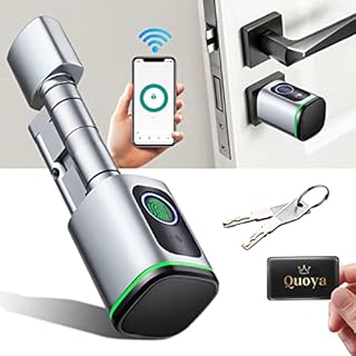 QUOYA Smart Door Lock, Biometric Fingerprint Cylinder Lock, Adjustable Euro Lock (65mm, 75mm, 85mm), 4 Way Open: Fingerprint, Key, Card, App