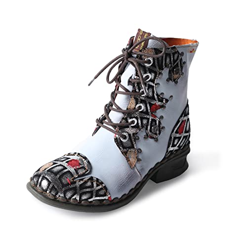 TMA EYES Geometric-Contrast Patchwork Leather Combat Women Boot