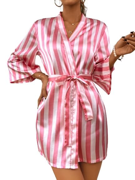 WDIRARA Women's Stripe Print Long Sleeve Silk Satin Kimono Robes Bridesmaid Wedding Party Robe