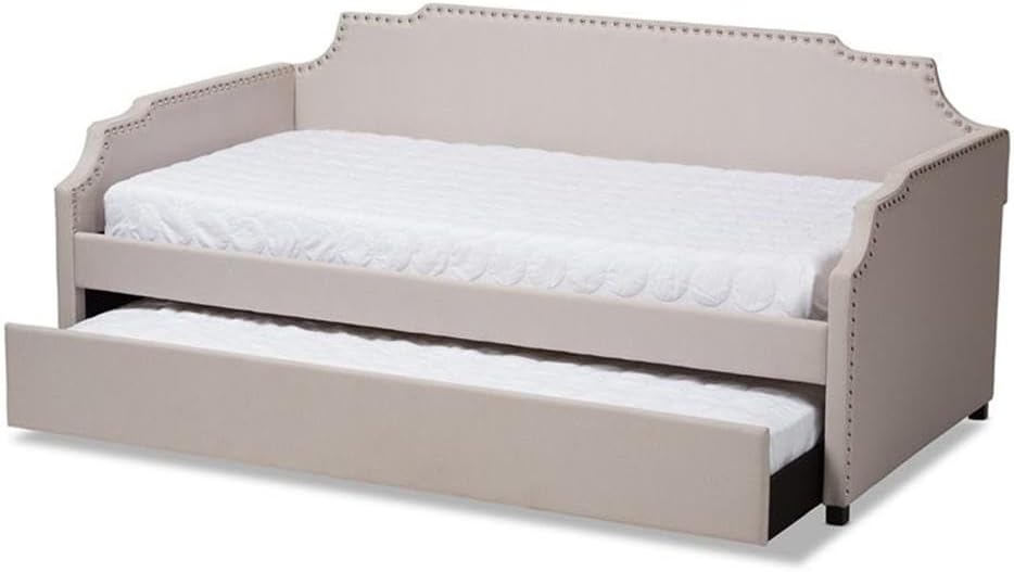 BOWERY HILL Fabric Upholstered Twin Size Daybed with Trundle Bed, Solid Rubberwood and MDF Wood Frame, Beige Finish, Chrome Nailhead Trim, Modern Style Sofa for Living Room or Bedroom
