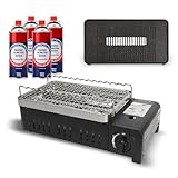 BESCH Barbacoa de Gas Butano Portátil 2 en 1 con Parrilla Desmontable + 4 Cartucho de Gas Butano, Hornillo Camping con Encendido Piezoeléctrico, Cocina de Gas Compacta para Camping Picnic
