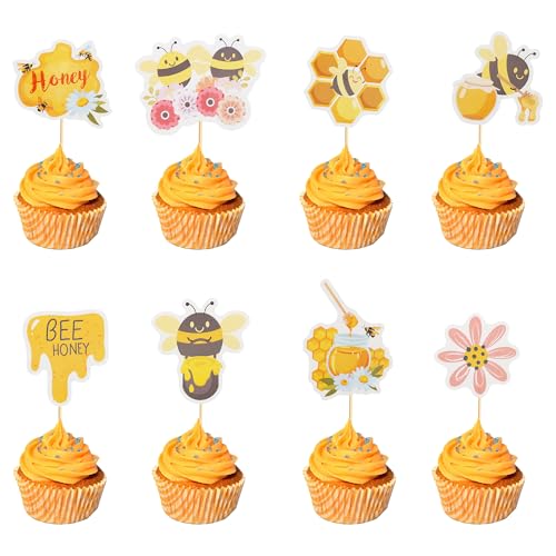 Arthsdite 24 piezas de decoración para cupcakes de abejorro, diseño de abeja dulce, panal, palillos de pastel de flores Oh Babee para temática de abeja, baby shower, niños y niñas, suministros de