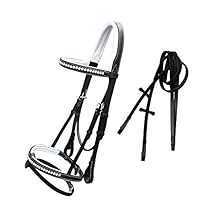 Exion White Bling Browband & Noseband White Padded Leather Bridle with Detachable Flash & Strong Rubber Reins for Horse Comfort | English Show Jumping Bridle Set