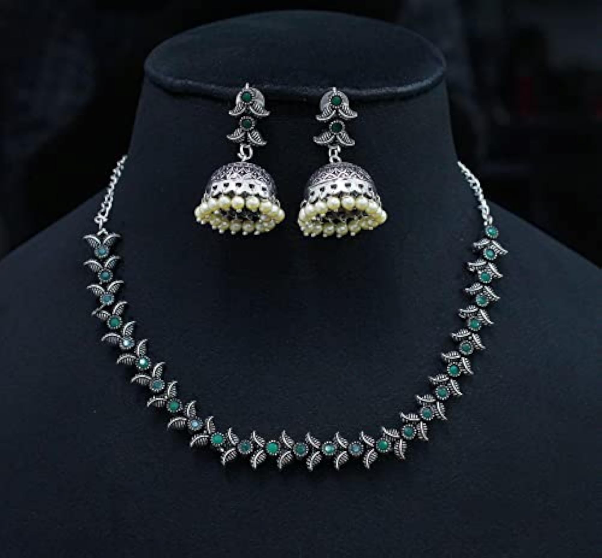 Rakhi Friendship Oxidized Leaf Necklace Set German Silver Earrings