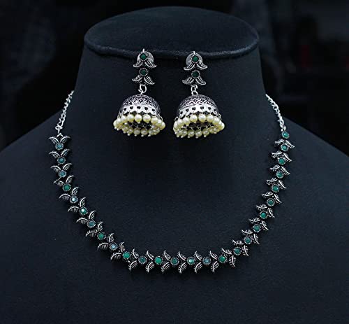 Rakhi Friendship Oxidized Leaf Necklace Set German Silver Earrings