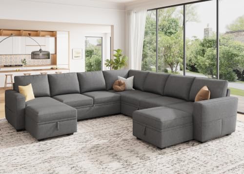 Image of HONBAY Modular Sectional Sleeper Sofa with Pull Out Couch, Oversized U Shaped Sleeper Pull Out Bed with Storage Sectional Couches for Living Room - Dark Grey