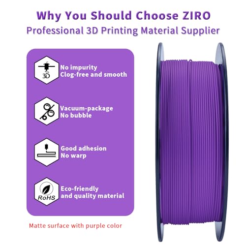 Image of ZIRO Matte PLA Filament 1.75mm,No-Shine High Toughness 1KG Material, Purple | Fit for Most FDM 3D Printer, 1.75mm 1KG Spool, Dimensional Accuracy + /-0.03mm, Colorful PLA FilamenT