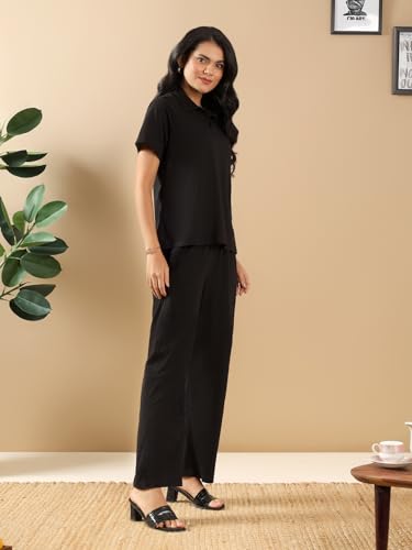 Image of Kvetoo Women Solid Tracksuit Set Cotton Lounge Wear Set Half Sleeve Polo T-Shirt & Straight Pant Casual Travel Outfit