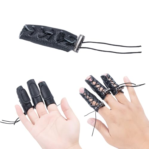 Prespollw Archery Gloves - Leather Finger Tab & Hand Guard for Recurve Bow & Traditional Bow - Protects Fingers & Hands for Hunting - Pack of 3 (Black)