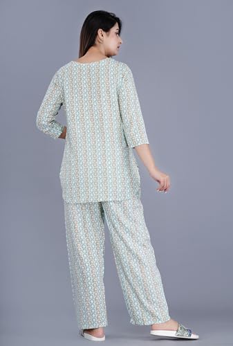 Image of Amazon Brand - Tavasya Women Cotton- Rayon Printed Kurti with Pant Co-Ord Set | Soft Comfortable Straight Fit Ethnic Kurta Set | 3 /4 Sleeves V-Neck Daily, Office & Casual Wear
