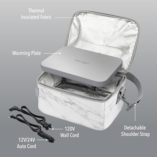 Bentgo Heat - Electric Lunch Bag & Food Warmer for Reheating Meals in Car, at Work & More - Heated Lunch Box Warmer for Adults, Students & Shift Workers, 12V/24V Auto & 120V Wall Cords (White Marble)