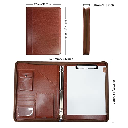 Image of Zippered Portfolio Organizer, WRIYES Leather Padfolio with 3 Ring Binder, Professional Business Binder, Organizer for IPad /Document, Phone & Business Cards, Office Gifts for Men or Women (Brown)