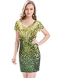 MANER Women's Sequin Glitter Short Sleeve Dress Sexy V Neck Mini Party Club Bodycon Dresses