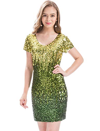 MANER Women's Sequin Glitter Short Sleeve Dress Sexy V Neck Mini Party Club Bodycon Dresses
