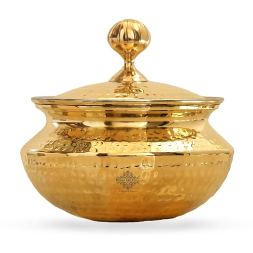 Image of INDIAN ART VILLA Brass Handi for Cooking with Tin Lining Inside, Degchi /Sipri, Ideal for Biryani, Cooking & Serving, Premium Brass Utensil, Volume - 4600 ml