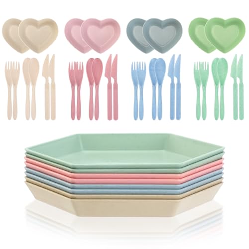 Mulaibdin 8 Stk Plastikteller Mehrweg, Teller Set Bunt mit Besteck &...