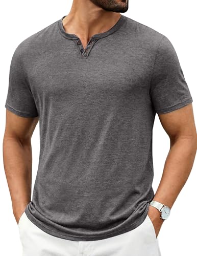 COOFANDY Men's Classic V Neck T Shirts Short Sleeve Casual Henley Shirts Summer Basic Tee Dark Grey