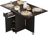 BHAODEAL Folding Dining Table with 6 Wheels, Drop Leaf Tables for Small Spaces, Foldable Dining Table with 2-Layer Storage Rack, Kitchen Table with Drawer (Brown Wood and Black)