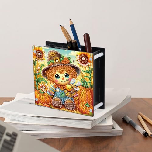 Image of Diamond Painting Pen Holder, DIY Diamond Art Desk Organizer with Autumn Harvest Pumpkin Design, Fall Diamond Art Kits for Adults, Decorative Desktop Storage Box for Office and Home