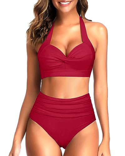 Image of Tempt Me Women Two Piece Swimsuit High Waisted Bikini Halter Vintage Retro Bathing Suit Push up Swimwear
