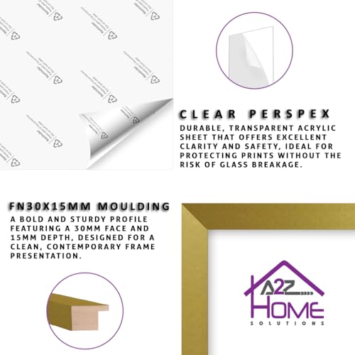 Wall Photo Frame Gold 70x90 cm Frame With 80x60 cm Mount Picture Poster Print With Clear HD Perspex 30x15 MM Moulding Mounting Hooks MDF Backboard