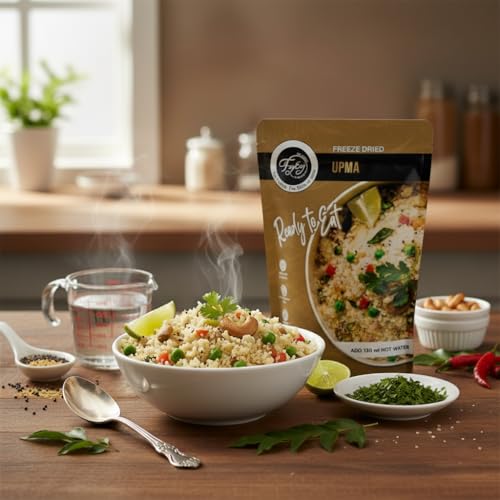Image of FzyEzy Gourmet Freeze-Dried Upma - Authentic South Indian Breakfast Delight | Instant Ready-to-Eat Savory Semolina Meal | No Preservatives | Gluten-Free | Rich Traditional Flavor & Aroma | Just Add Hot Water | 68g Pack